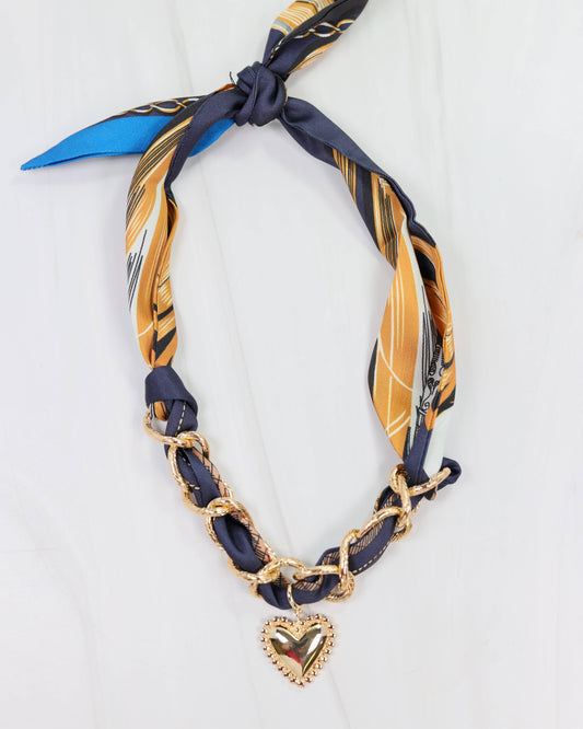 Santee Scarf Heart Charm Necklace- Navy Gold