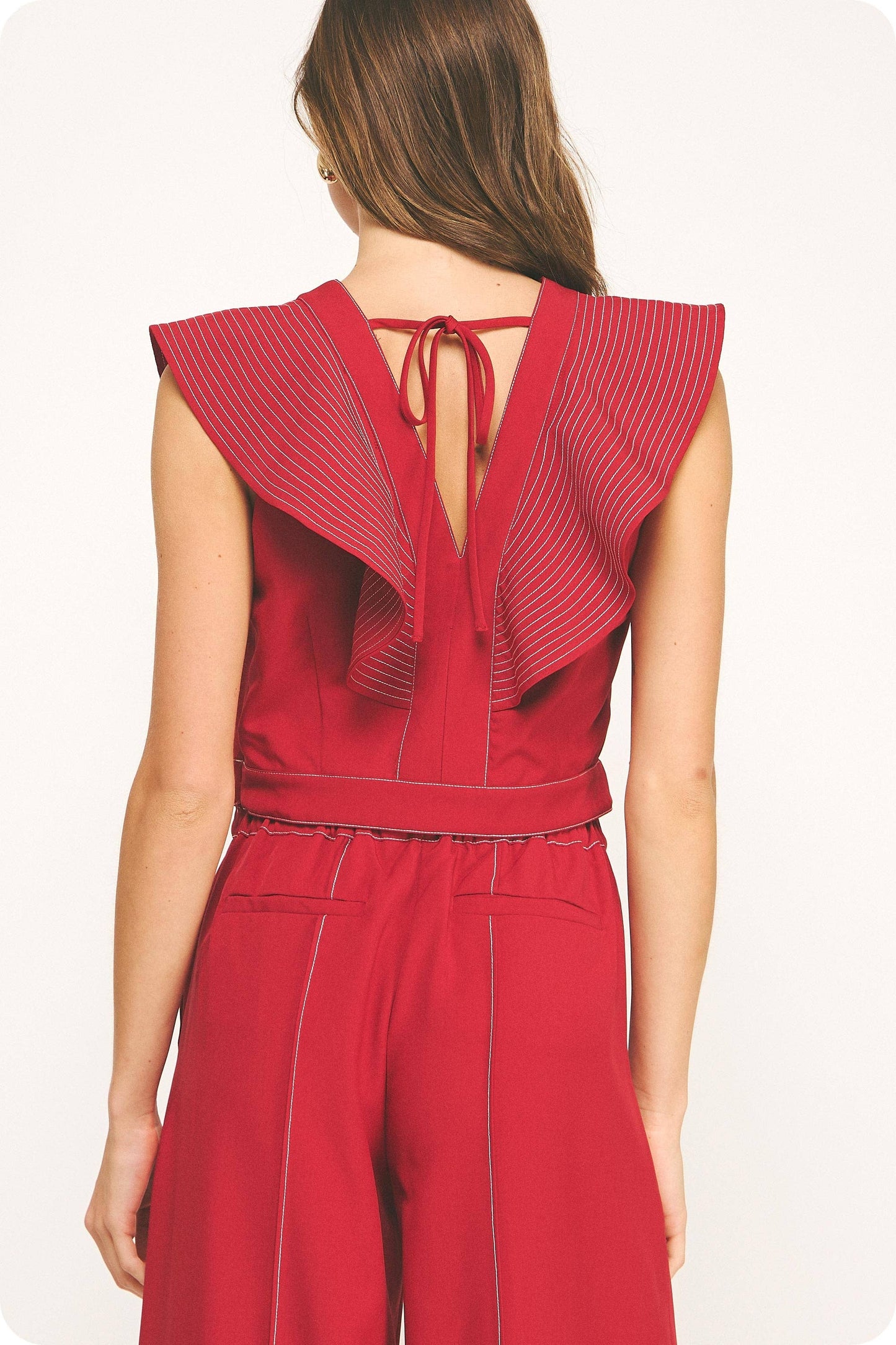Top Stitch Ruffle Detail V-neck Top