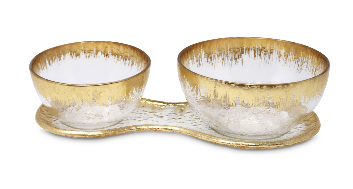 2 Bowl Relish Dish on Tray with Gold Design
