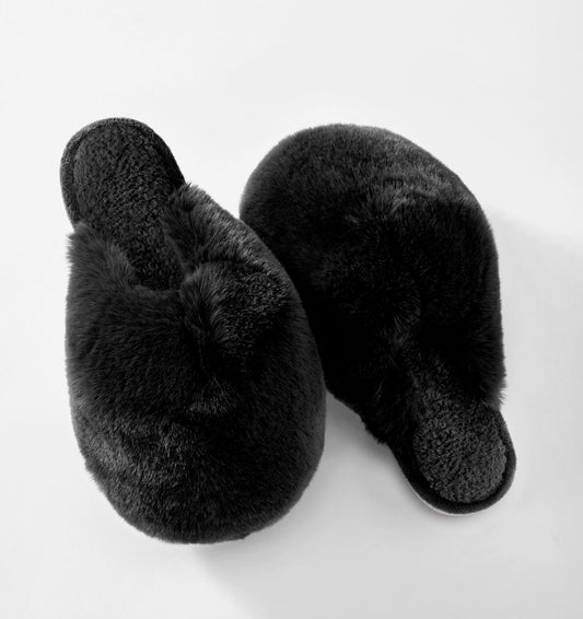 Faux Fur Bubble Slippers - Black