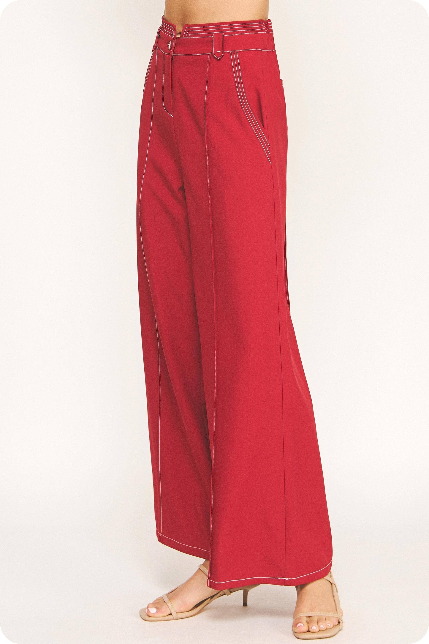 Top Stitch Detail Wide Leg Trousers
