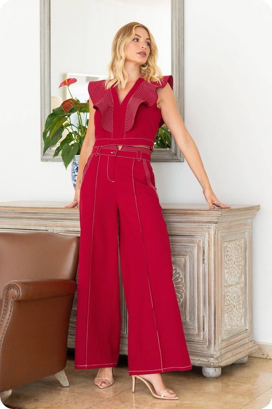 Top Stitch Detail Wide Leg Trousers