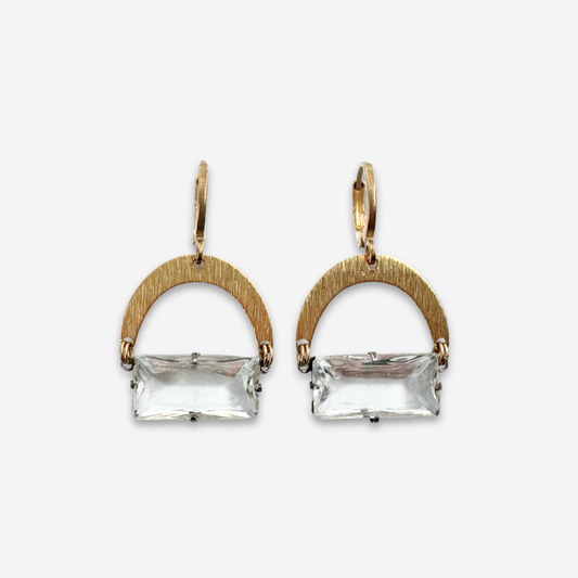 Brass Arch Earrings with Antique Rectangular Clear Crystal Drop