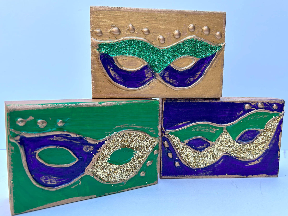 Mardi Gras mask  |  hand painted wood block: Purple background