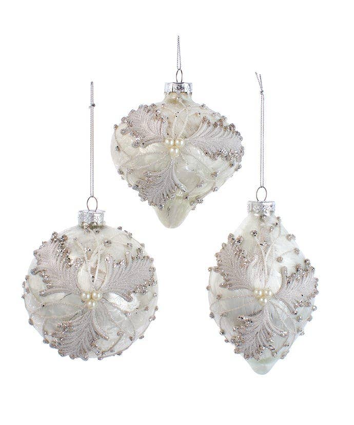 White Frosted Holly Ornament- BALL, FINIAL, ONION