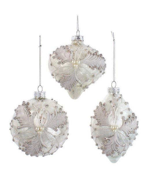 White Frosted Holly Ornament- BALL, FINIAL, ONION