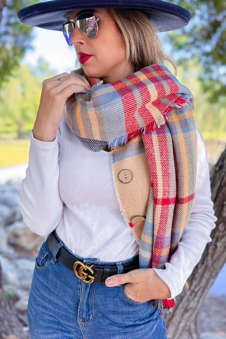 Plaid Printed Shawl Scarf Poncho with Button: One Size