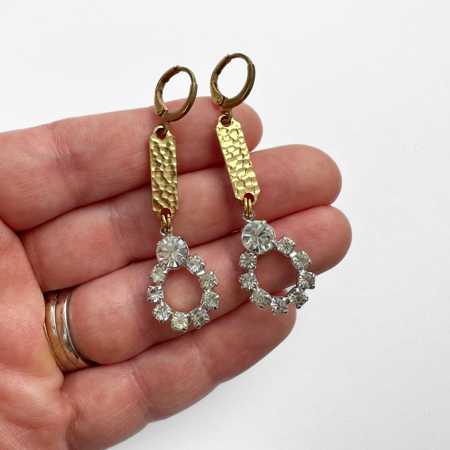 Refashioned Long Vintage Clear Rhinestone & Hammered Gold Link Earrings