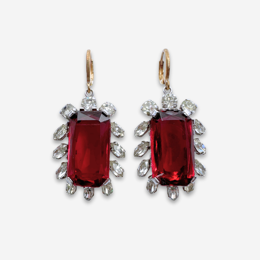 Large Refashioned Vintage Red & Clear Rhinestone Statement Earrings