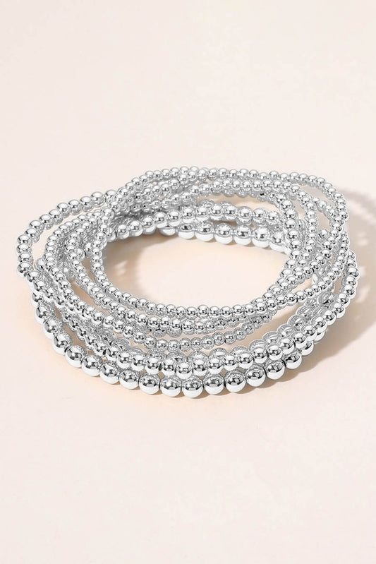Silver Beaded Stretch Bracelets-Set of 7