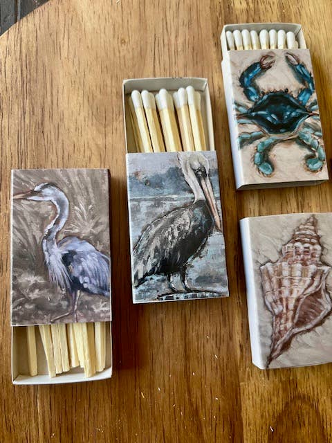 Custom Coastal Print Matchboxes- Crab, Conch, Clam, Crane, Pelican