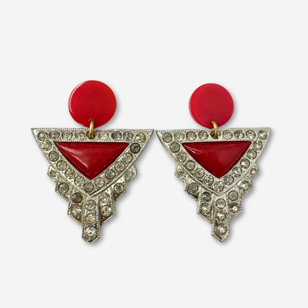 Large Red Vintage Rhinestone Earrings