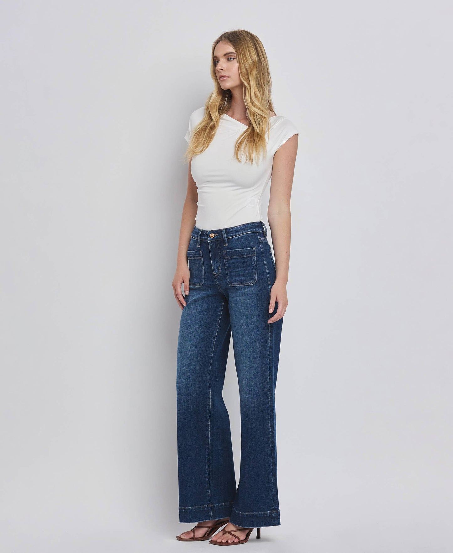 High Rise Patch Pocket Trouser Hem Jeans/Dark Denim-Flying Monkey