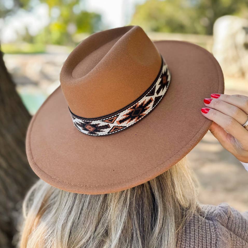 Elegant Camel Fedora with Multi Aztec Western Print Ribbon: One Size
