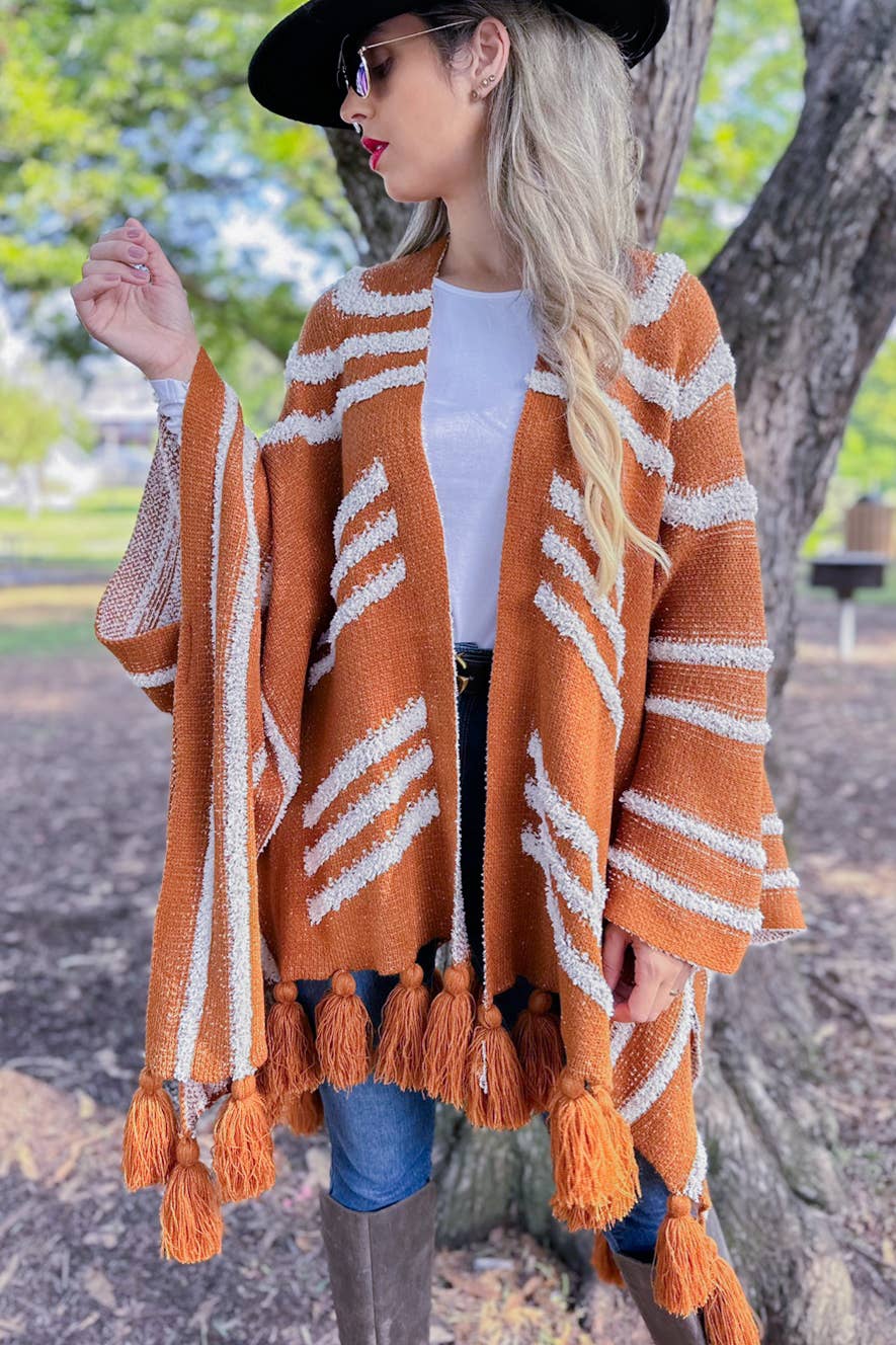 Western Textured Cardigan with Chunky Tassel: One Size