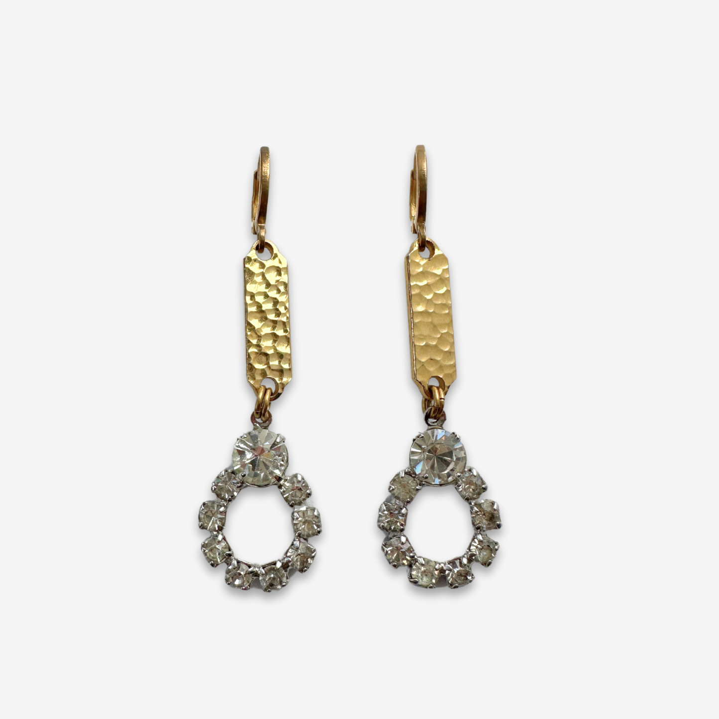 Refashioned Long Vintage Clear Rhinestone & Hammered Gold Link Earrings