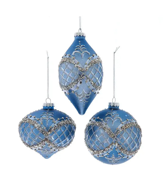 Blue/Platinum Glitter Ornament Glass -Ball, Finial, Onion