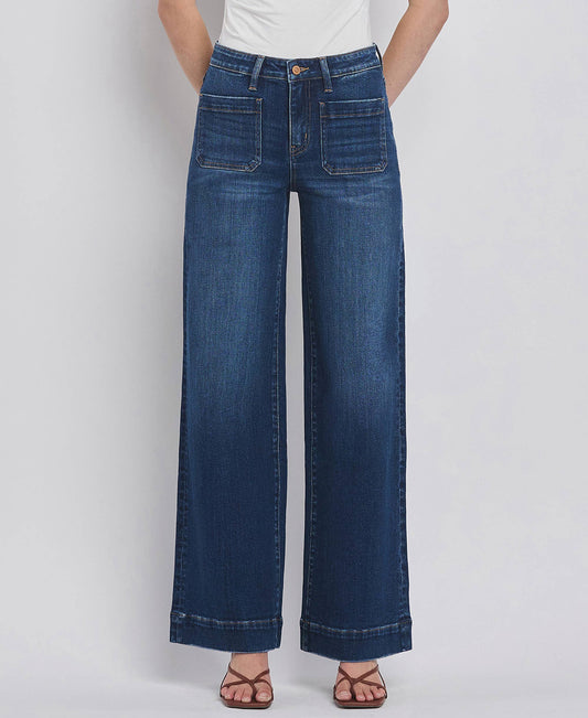 High Rise Patch Pocket Trouser Hem Jeans/Dark Denim-Flying Monkey