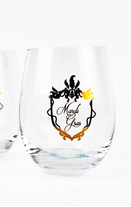 "Mardi Gras Crest" Stemless Wine Glass