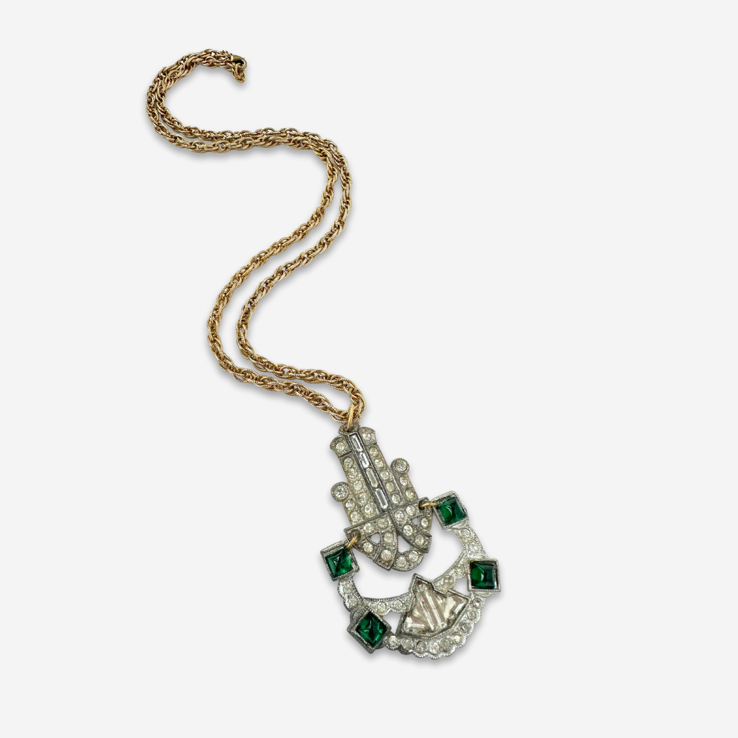 Refashioned 2-Piece Clear & Emerald Rhinestone Pendant Assemblage Necklace