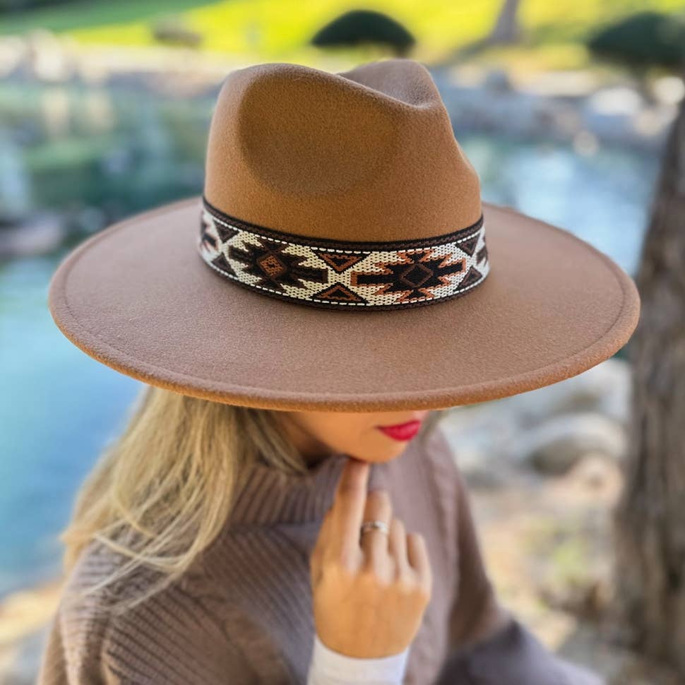 Elegant Camel Fedora with Multi Aztec Western Print Ribbon: One Size