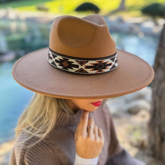 Elegant Camel Fedora with Multi Aztec Western Print Ribbon: One Size