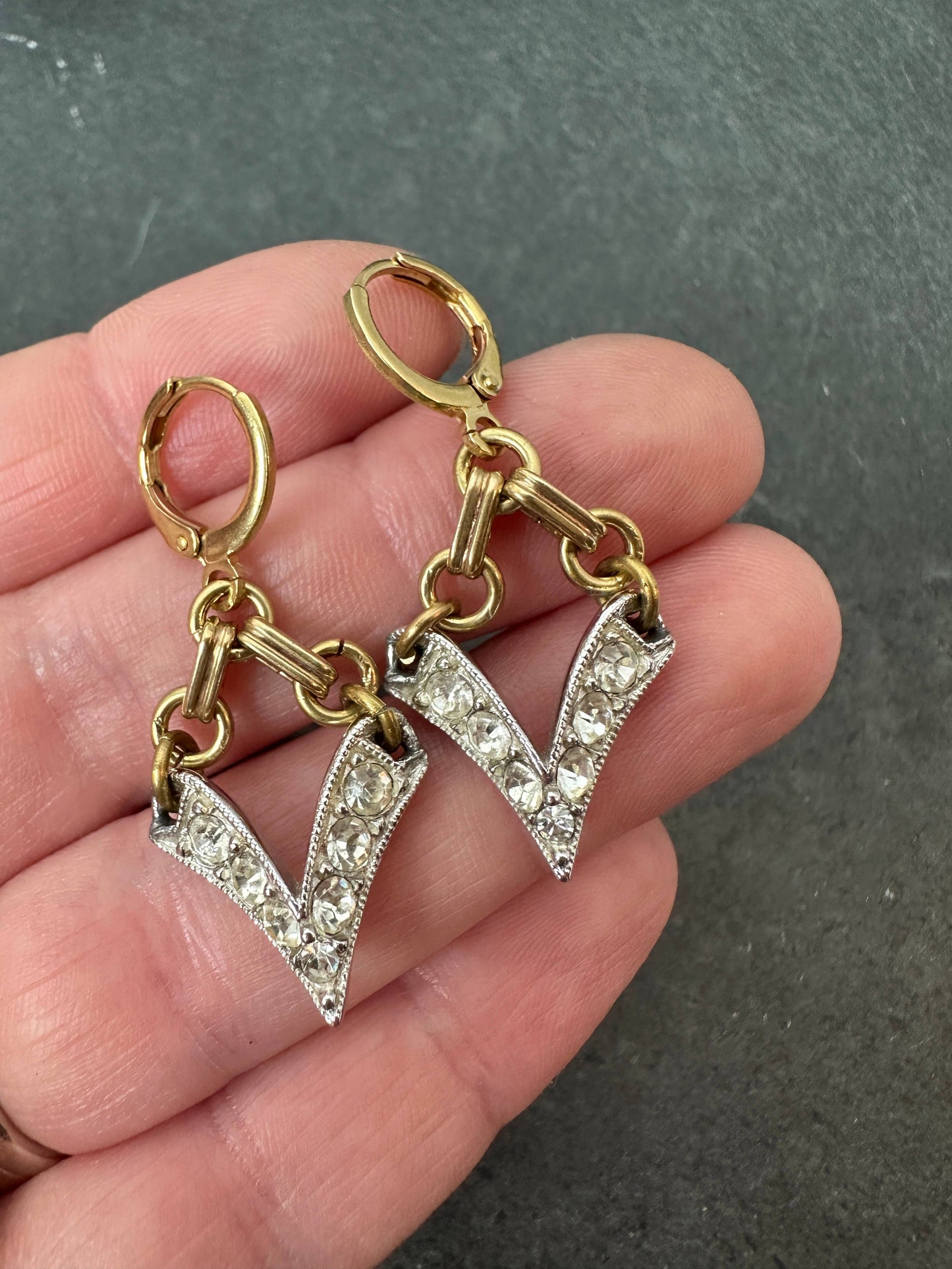 Refashioned Vintage Rhinestone V-Shaped Drop Earrings