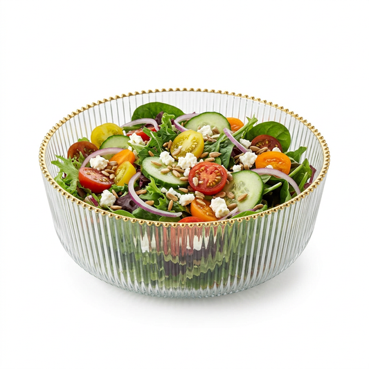 Clear Glass Salad Bowl Straight Cut, Ribbed with Gold Rim