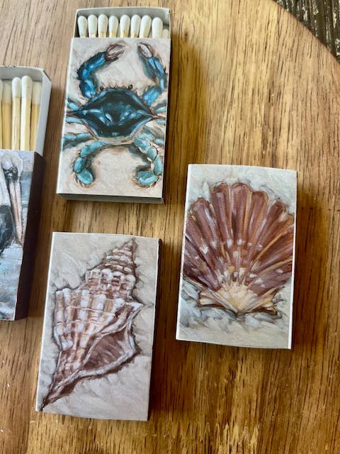 Custom Coastal Print Matchboxes- Crab, Conch, Clam, Crane, Pelican
