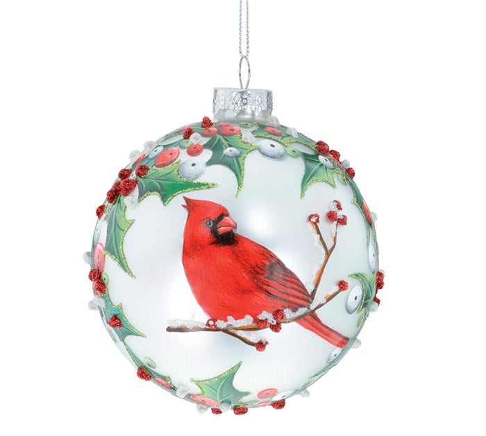 Cardinal and Holly Wreath Glass Ornament