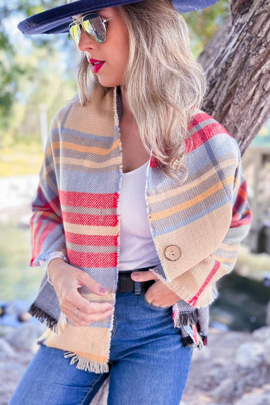 Plaid Printed Shawl Scarf Poncho with Button: One Size