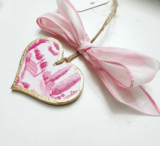 Valentine's Heart Ornament - 4": Pink Toile