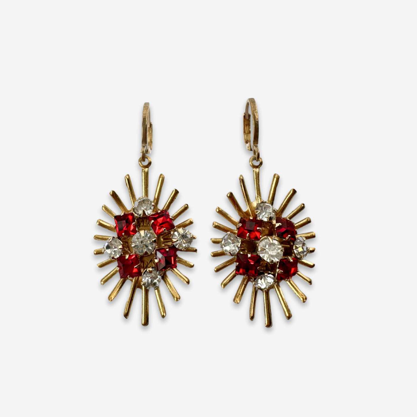 Brass Sunburst Earrings with Clear & Red Vintage Rhinestone Centers