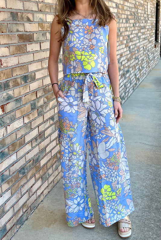 Floral Wide Pants With Self Tie