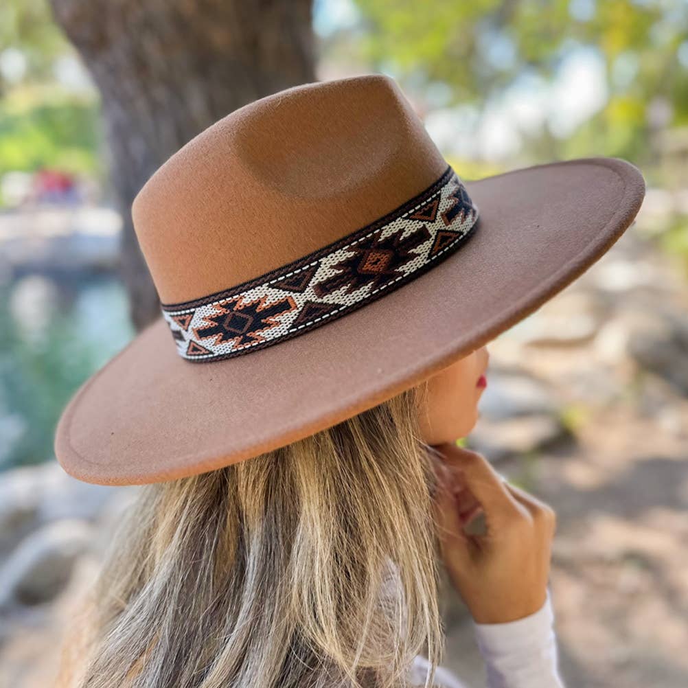 Elegant Camel Fedora with Multi Aztec Western Print Ribbon: One Size