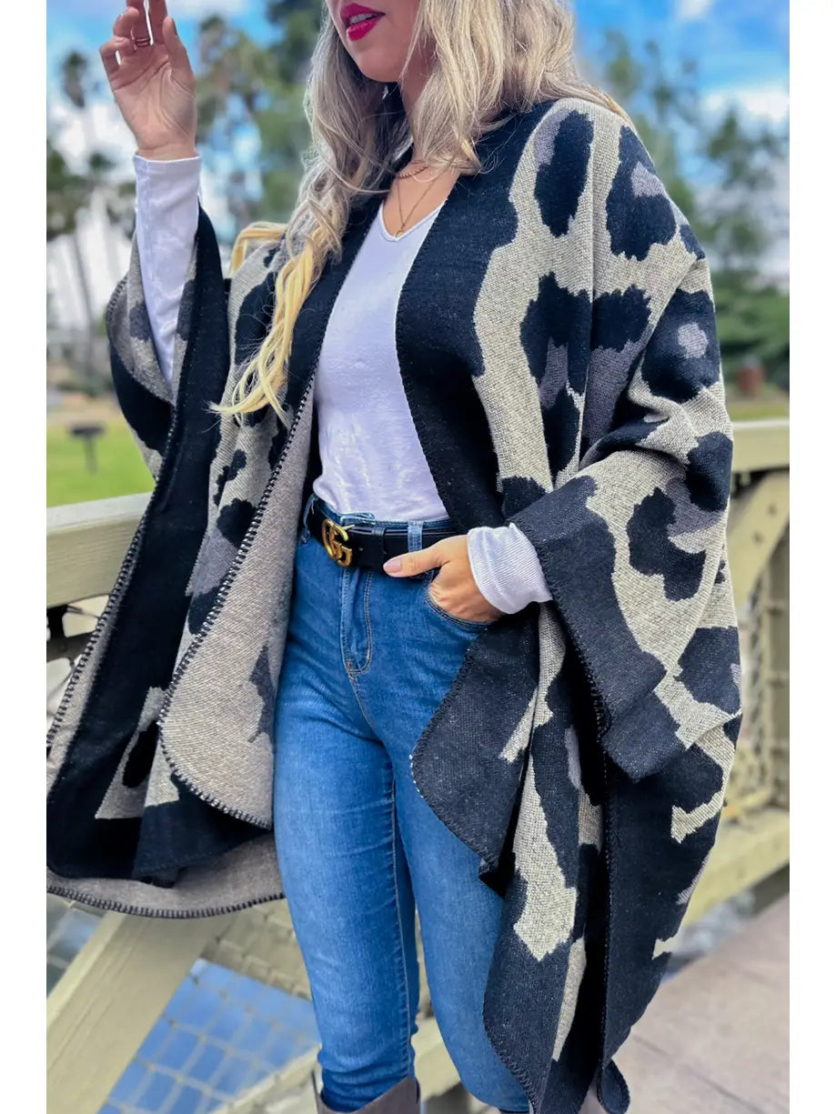 FINAL SALE Black Leopard Printed Knitted Cozy Kimono Cardigan