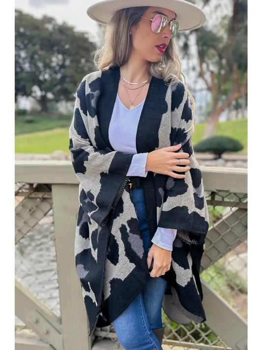 FINAL SALE Black Leopard Printed Knitted Cozy Kimono Cardigan