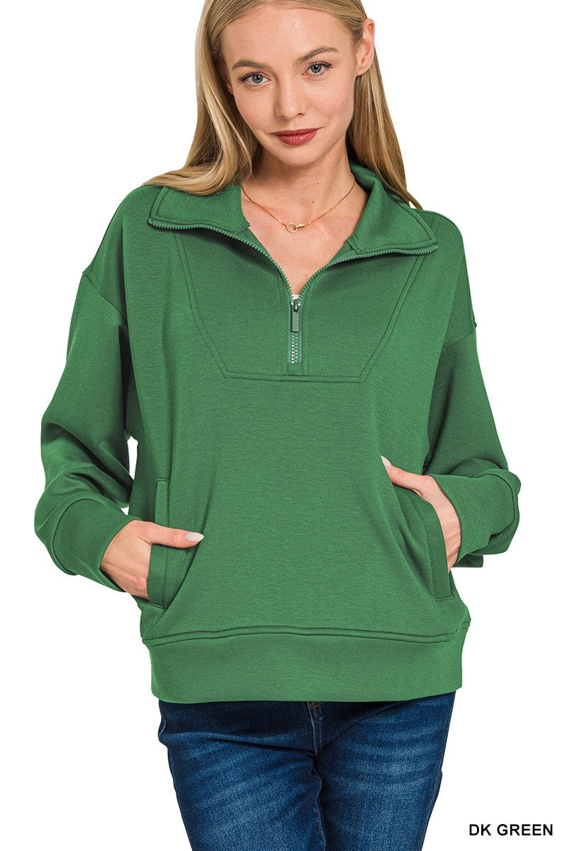 Half Zip High Neck Pullover- Dk Green