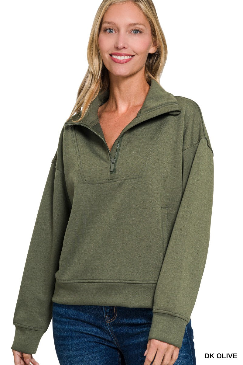 Half Zip High Neck Pullover- Dk Olive