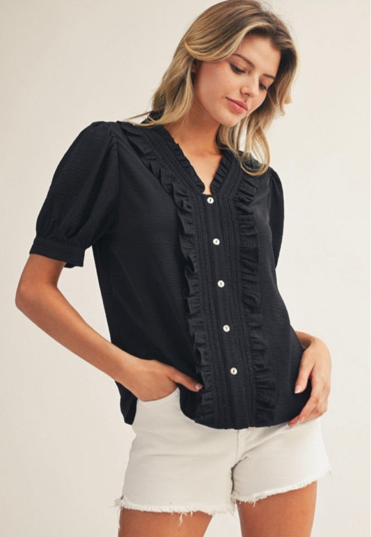 Ruffle Detail Button Down Crinkled Top