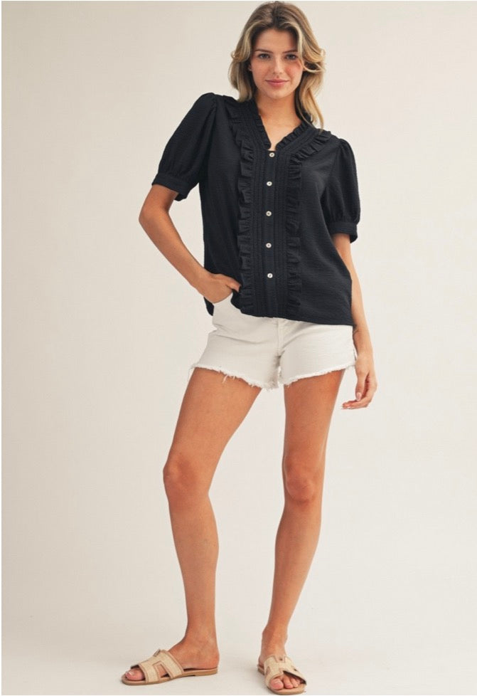 Ruffle Detail Button Down Crinkled Top