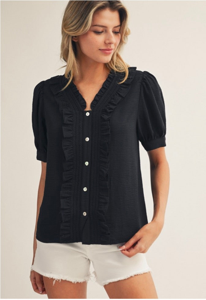 Ruffle Detail Button Down Crinkled Top