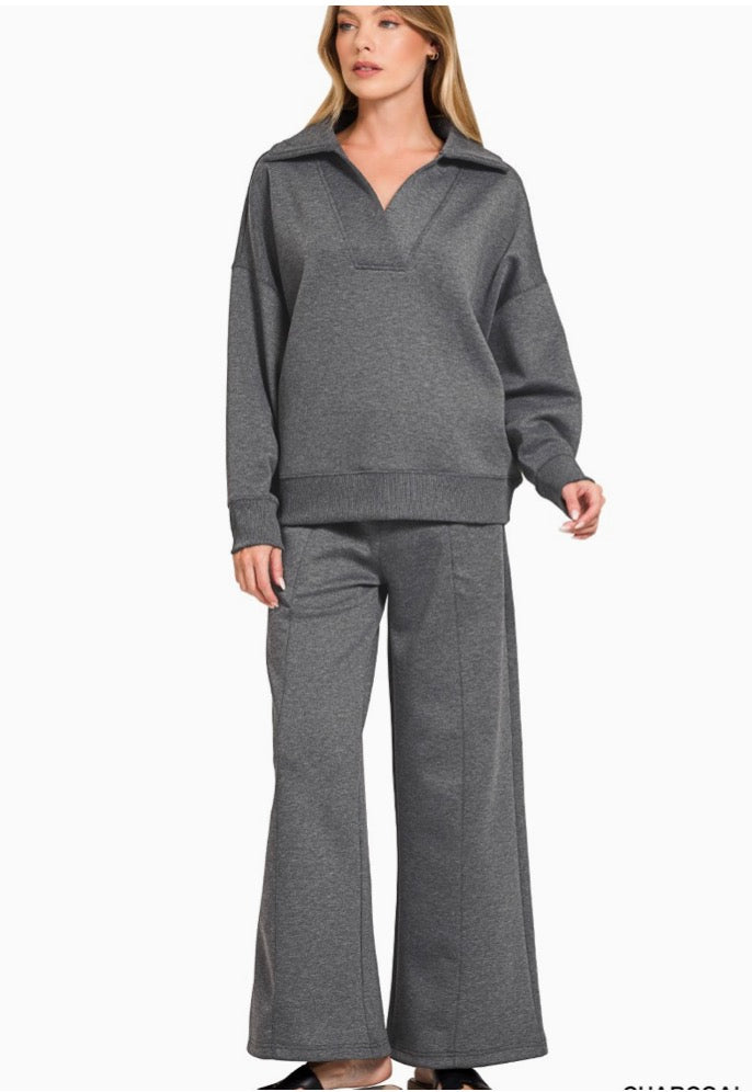 Scuba Collared Pullover&Pants Set-Charcoal