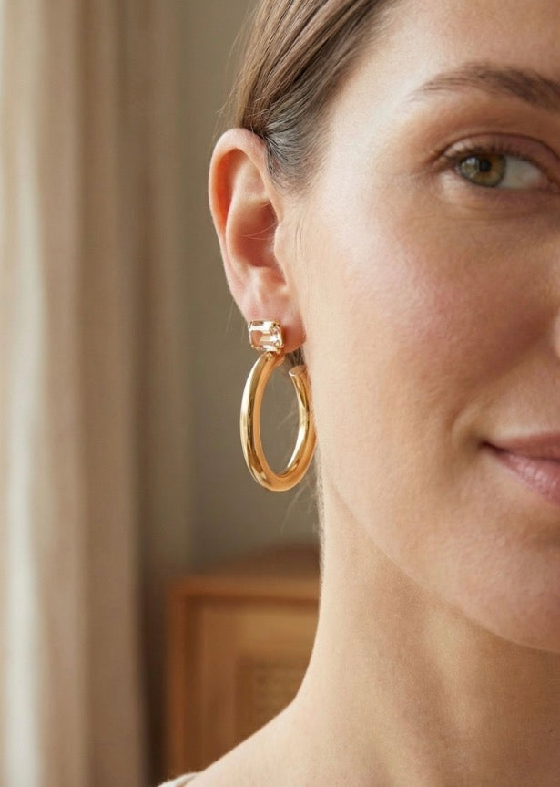 Keeley Emerald Cut Hoop Earrings-Crystal