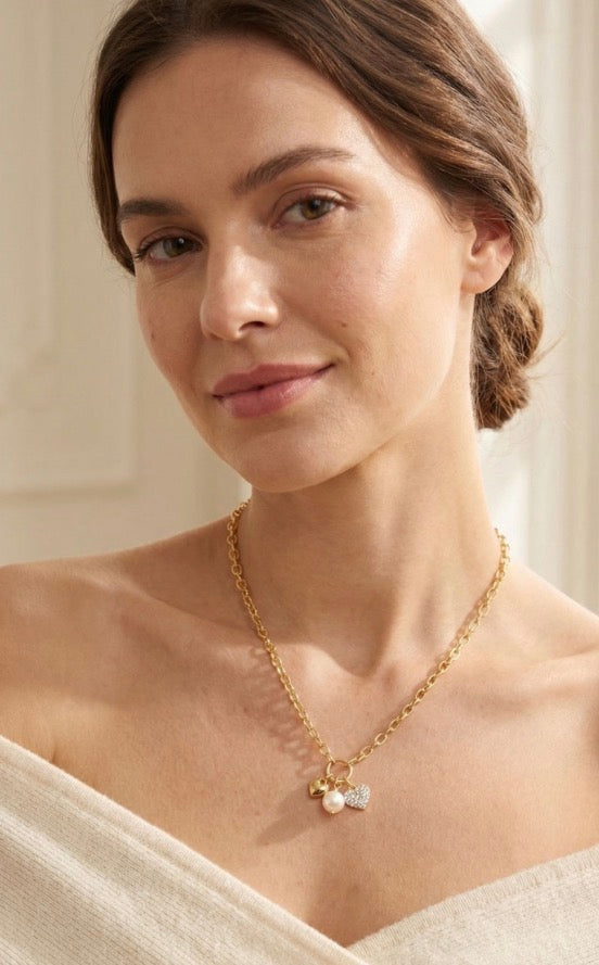 Heart & Pearl Charm Pendant Necklace-Crystal