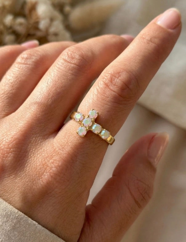 Carly Cross Adjustable Band Ring-Aurora Borealis