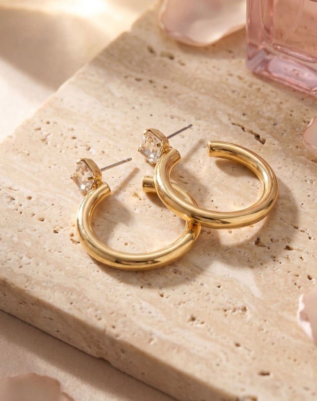Keeley Emerald Cut Hoop Earrings-Crystal