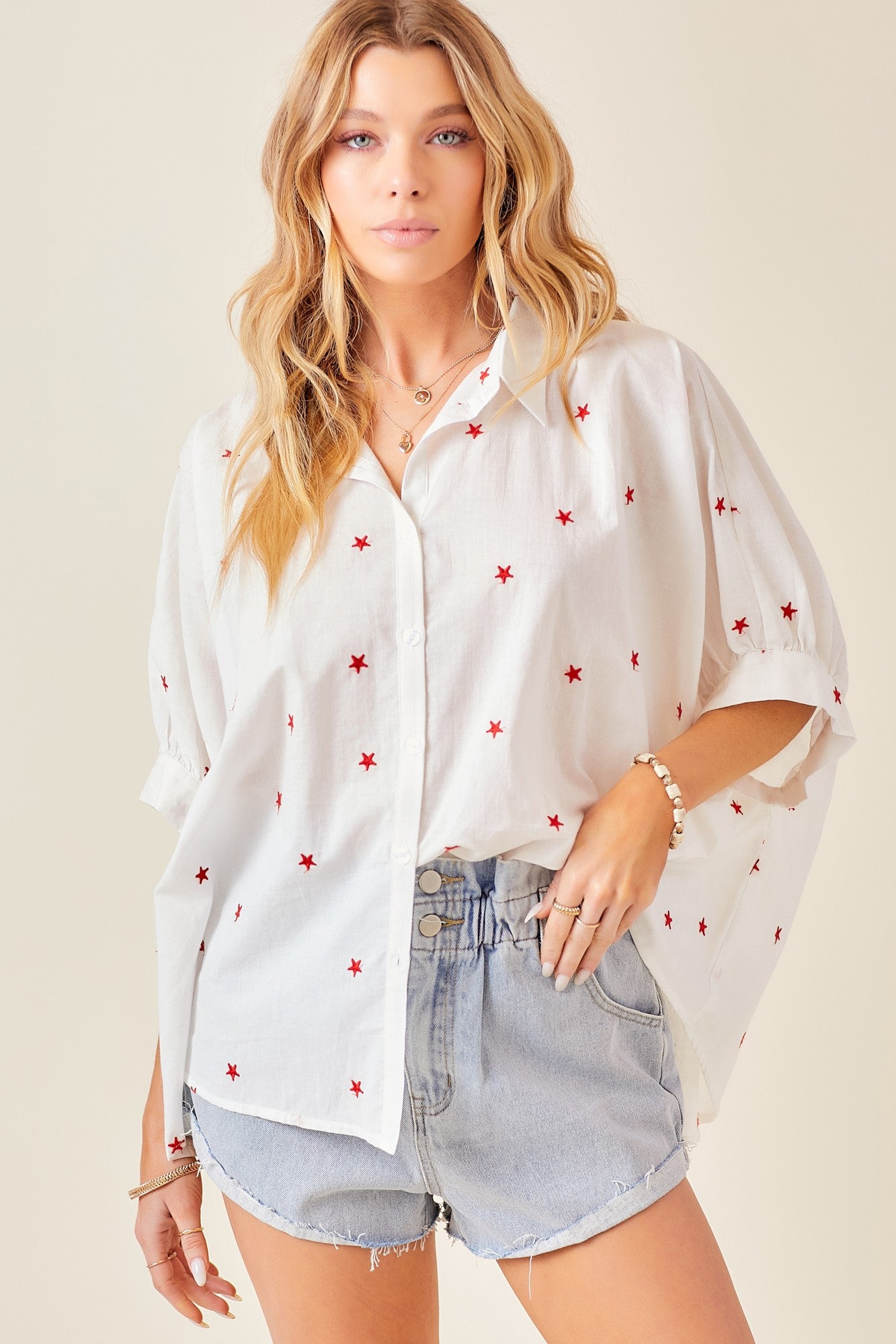 FINAL SALE Star Embroidered Oversized Button Down Shirt