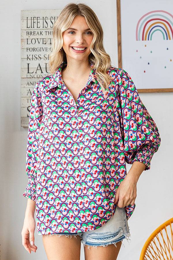 FINAL SALE Abstract Print Collared Satin Blouse