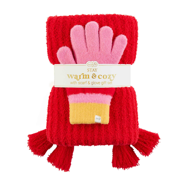 Color-Block Scarf & Glove Set - Red